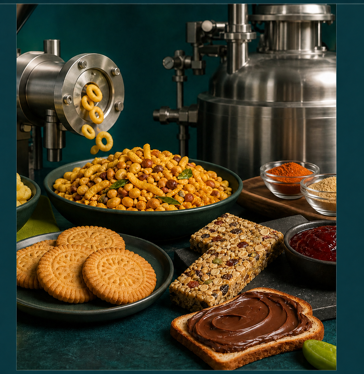 Food products, snack processing and chocolate bread spread