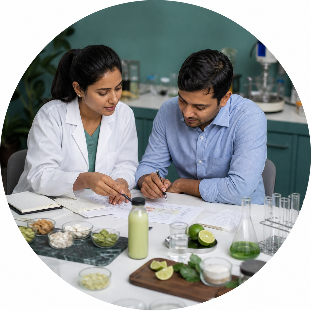 Food technologist collaborating with a client
